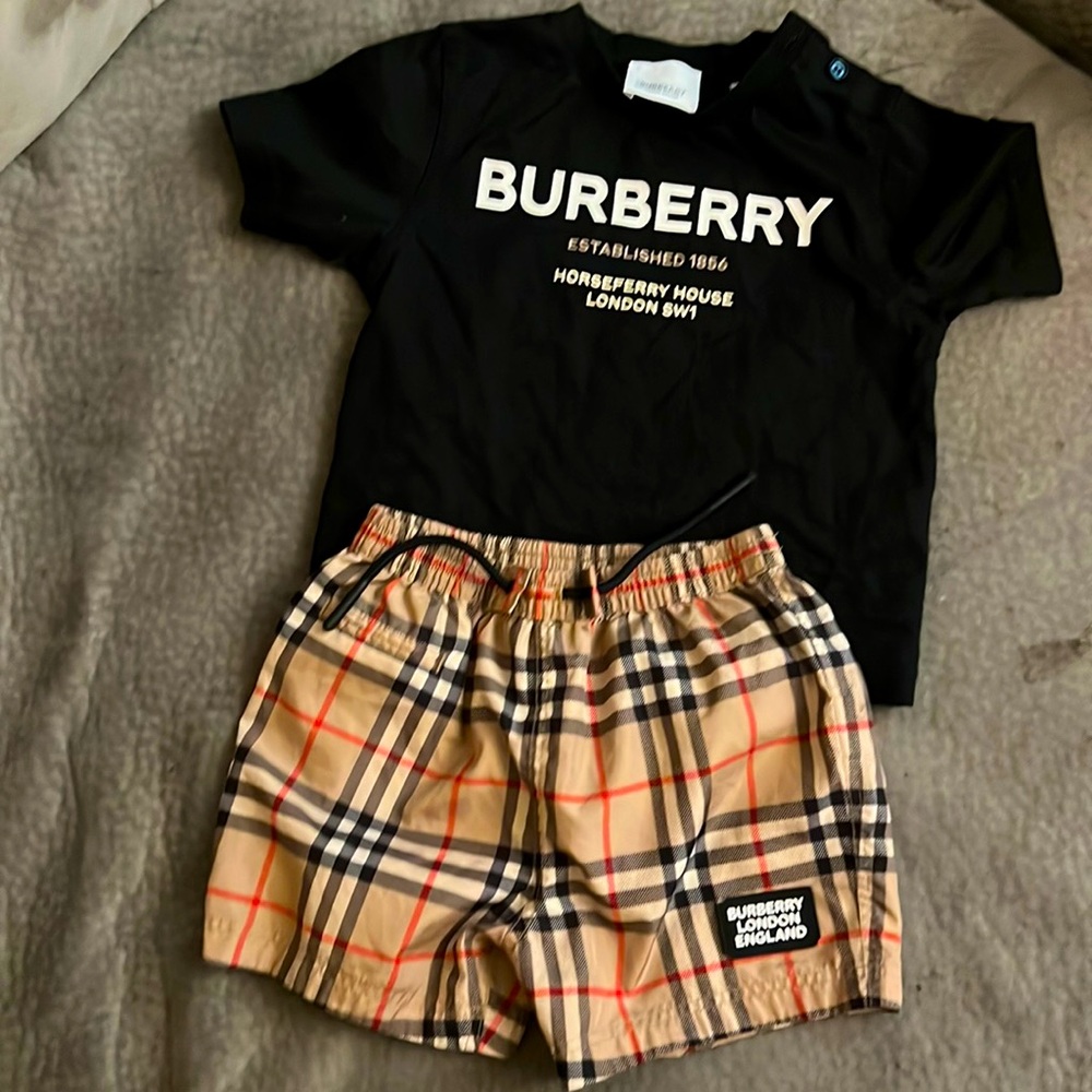 Burberry swim shorts and Burberry T-shirt